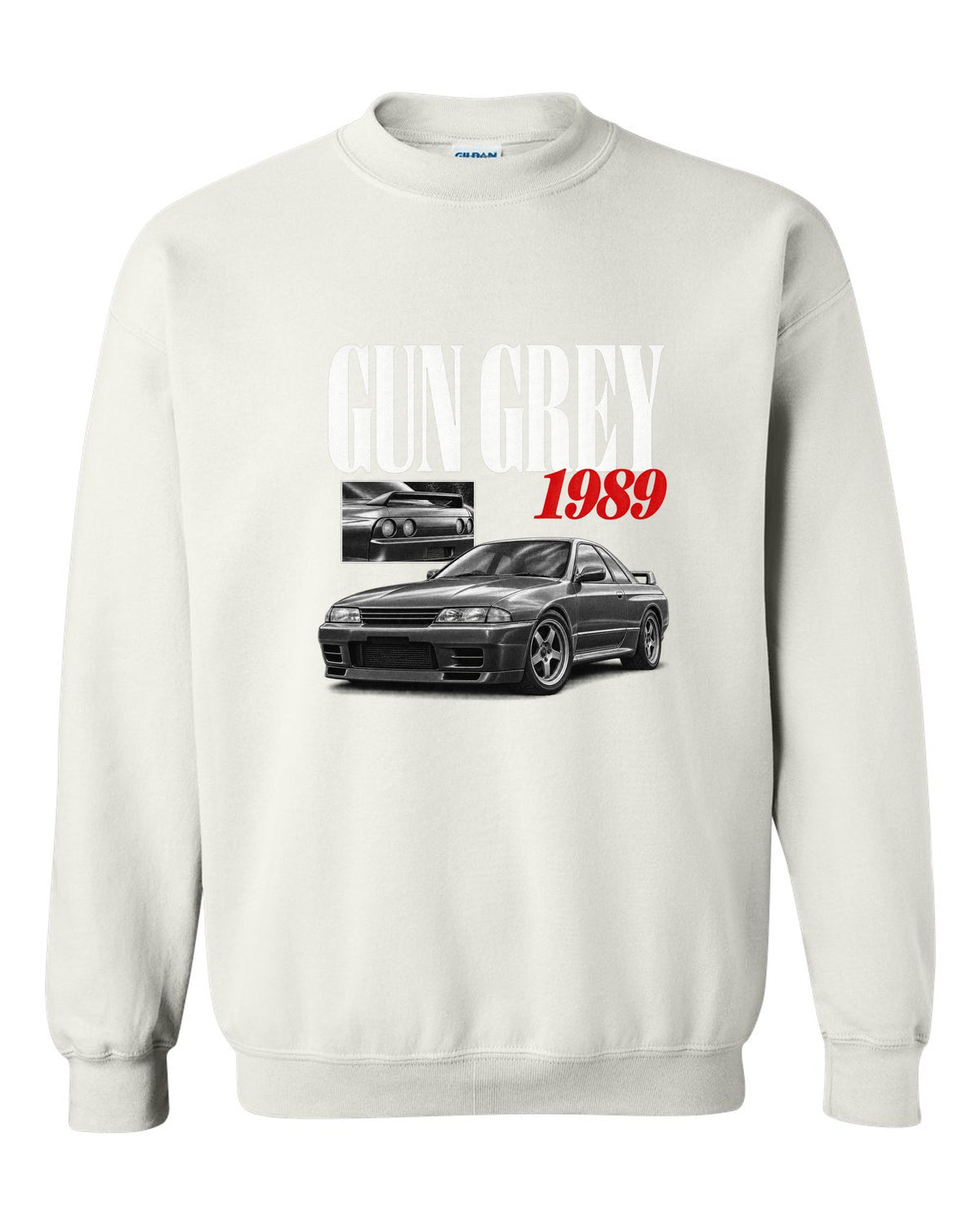 Editorial headline print of a Nissan Skyline GT-R R32 BNR32 in Gun Grey with 1989 text white crewneck front view with the design