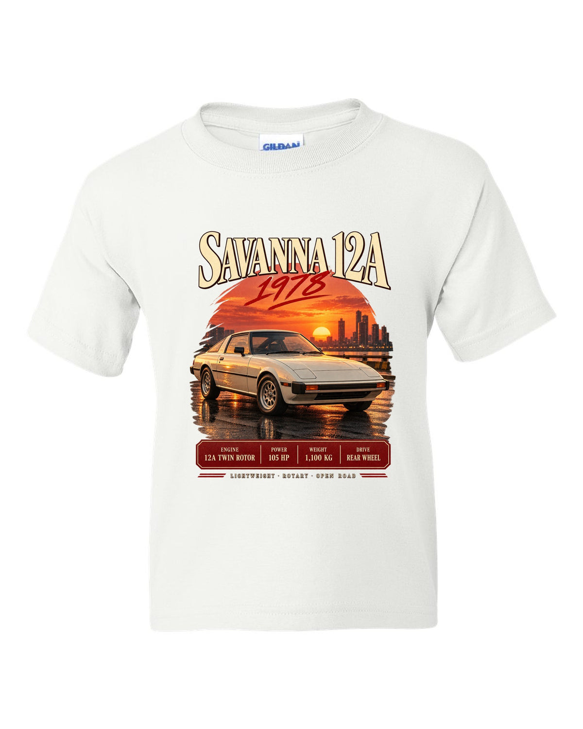 Archive panel print for the Mazda RX-7 SA22C 1978-85 with Savanna 12A and 1,100 kg details white kids tee front view with the design