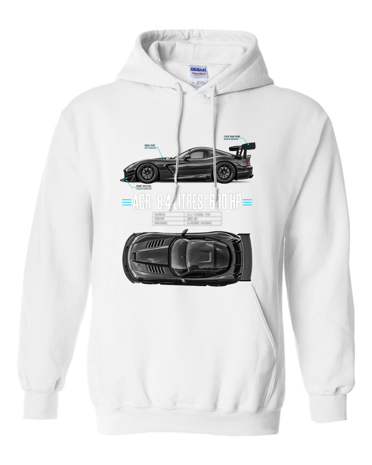 2008 Dodge Viper ACR ZB II top-down and profile spec poster print white pull over hoodie front view with the design