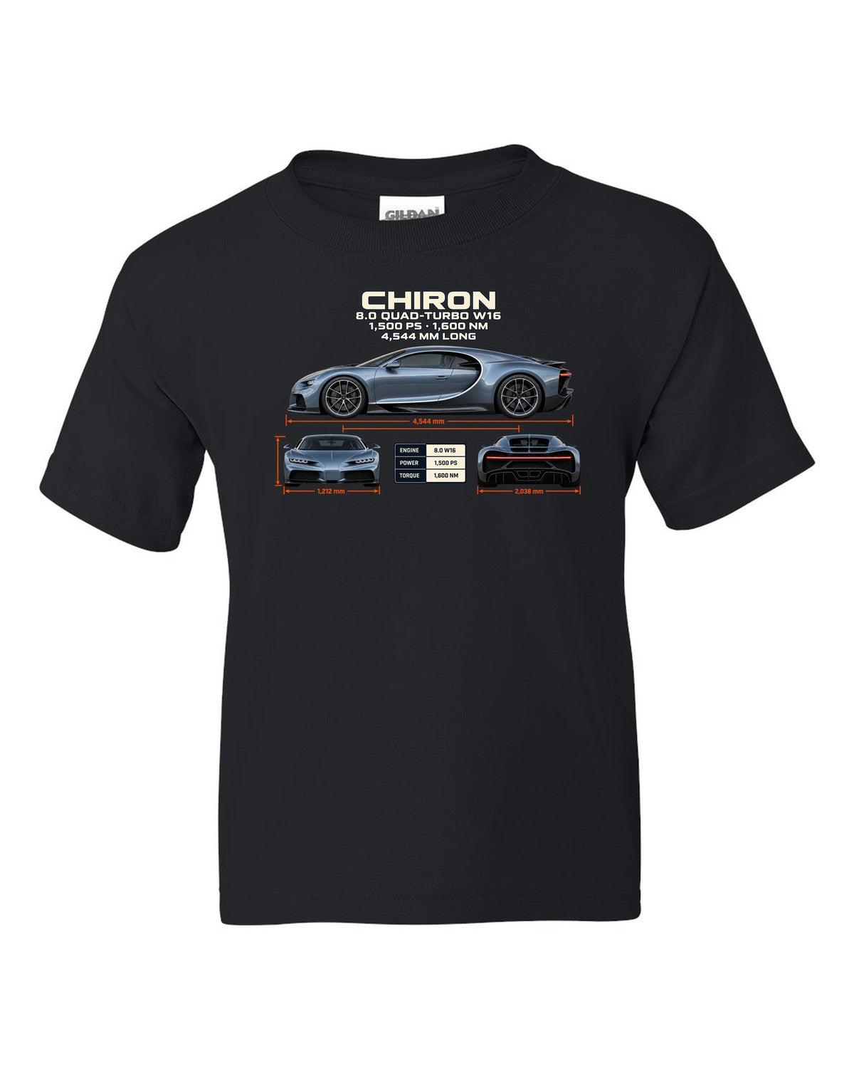Three-view drawing and spec table of a Bugatti Chiron on the front of a tee black kids tee front view with the design