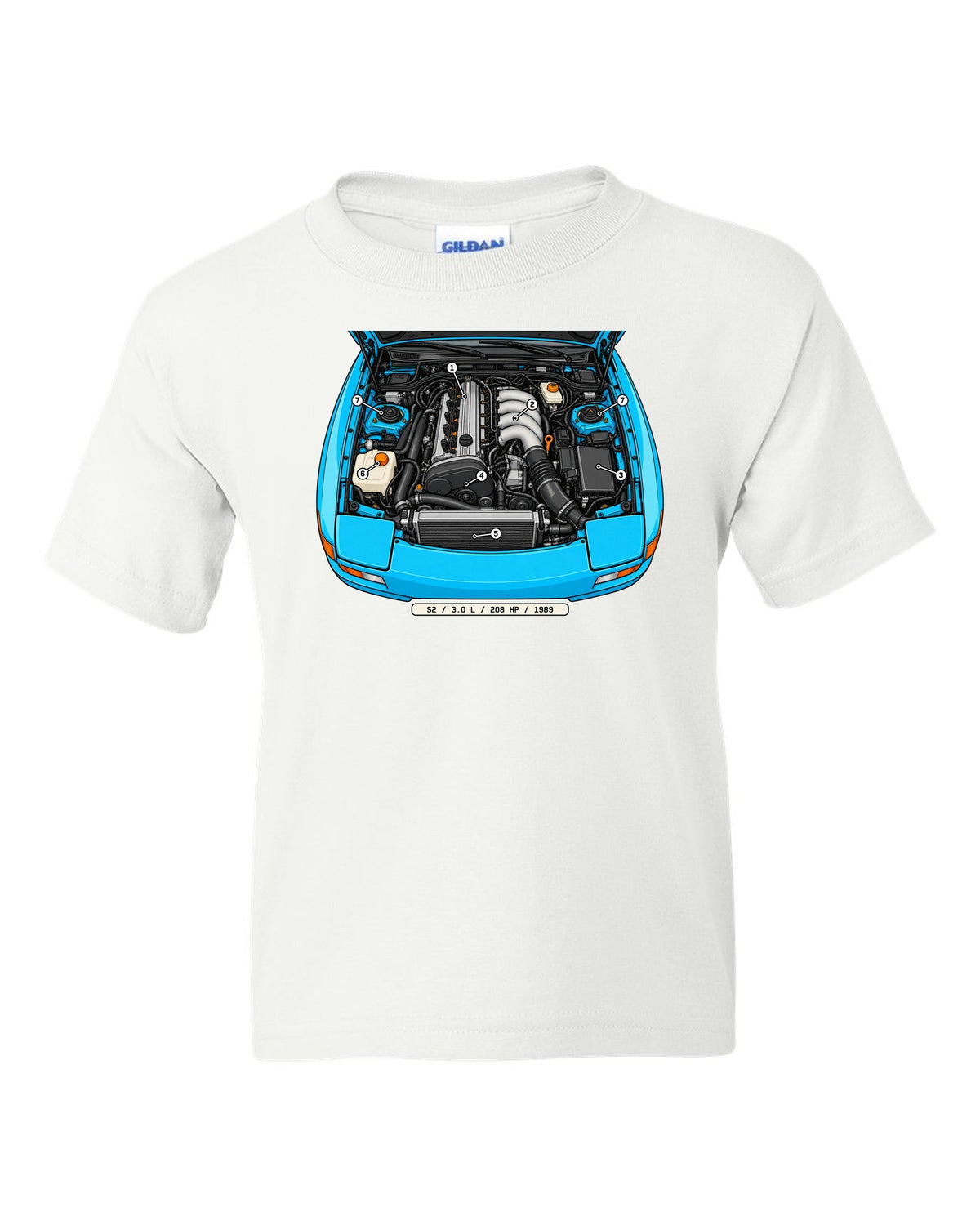 Technical callout diagram of the Porsche 944 S2 engine bay white kids tee front view with the design
