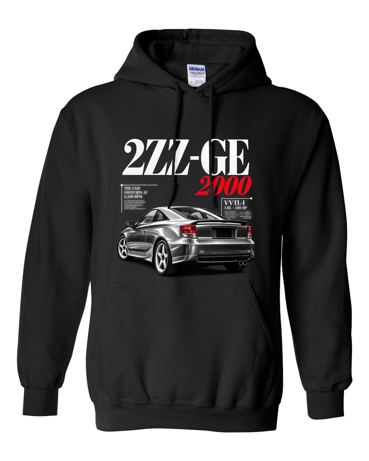 Editorial headline print of a Toyota Celica ZZT231 with 2ZZ-GE cam switches at 6,200 rpm black pull over hoodie front view with the design