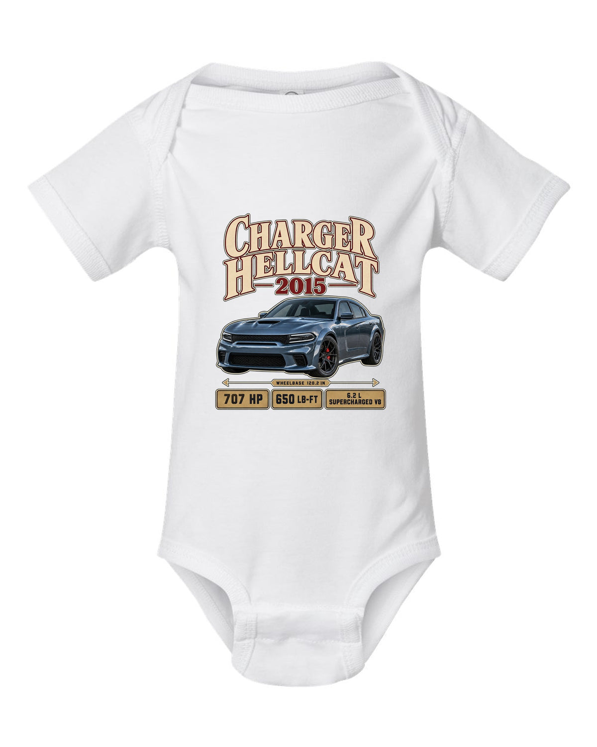 print of a 2015 Dodge Charger SRT Hellcat in an archive panel layout white baby onesie front view with the design