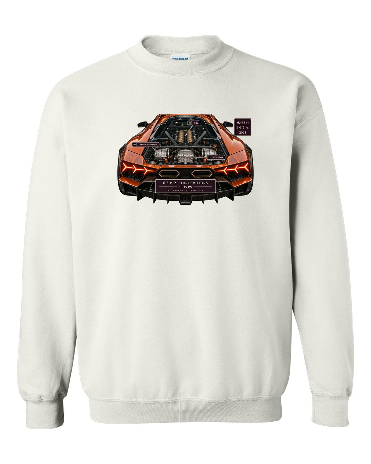 Engine hero print of a burnt orange Lamborghini Revuelto V12 white crewneck front view with the design