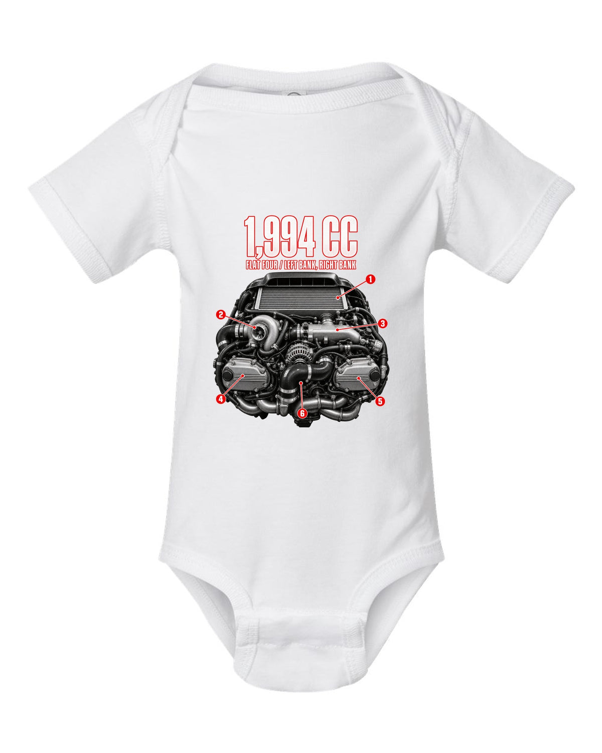 Subaru EJ20K flat-four boxer engine anatomy illustration from a GC8 WRX white baby onesie front view with the design
