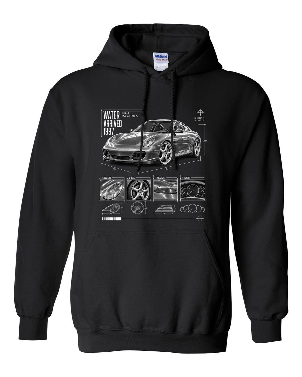 Dossier panel print of a Porsche 911 Carrera 4S (996) with the heading Water Arrived 1997 black pull over hoodie front view with the design