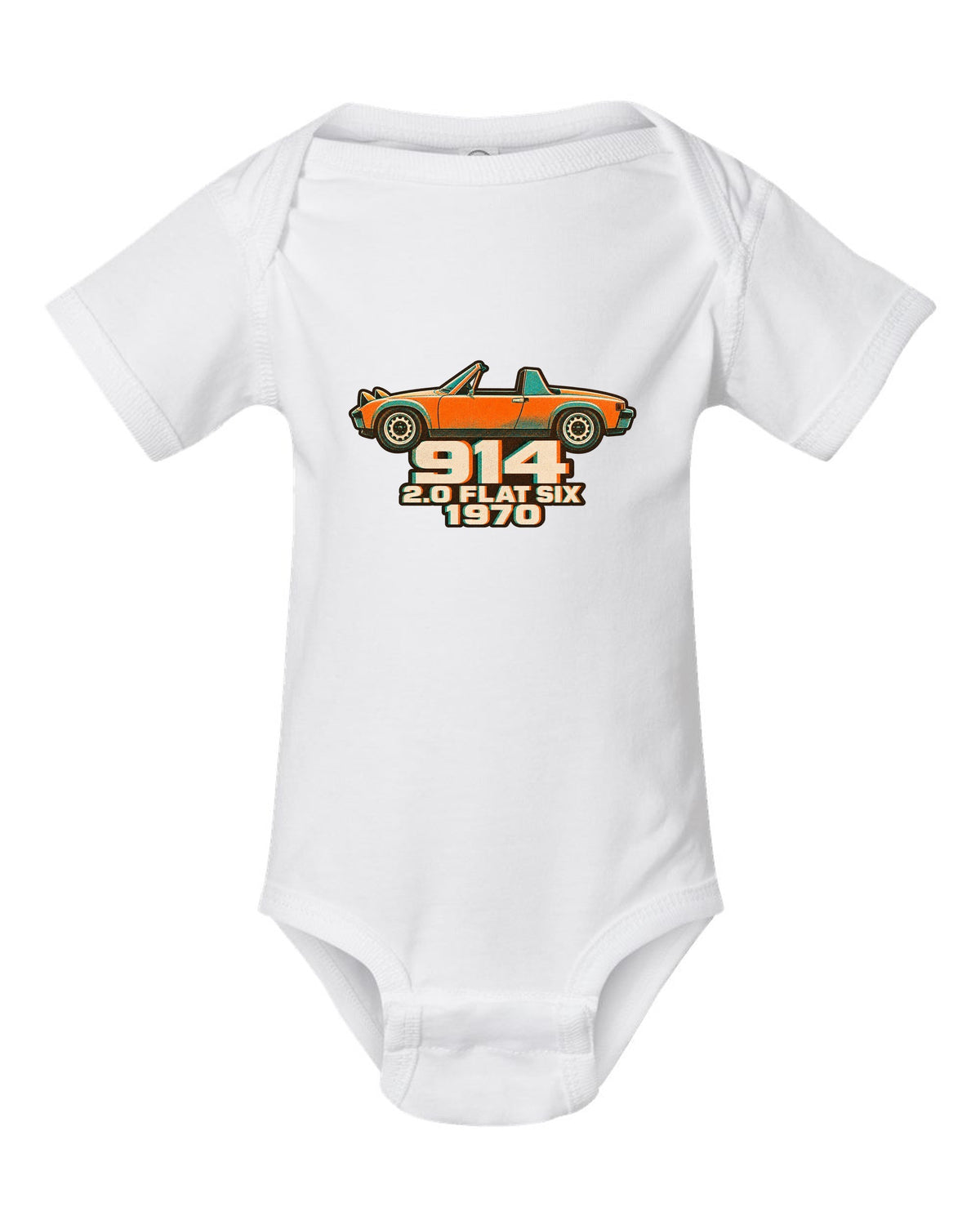 Porsche 914/6 risograph two-colour design with 2.0 flat six lettering white baby onesie front view with the design