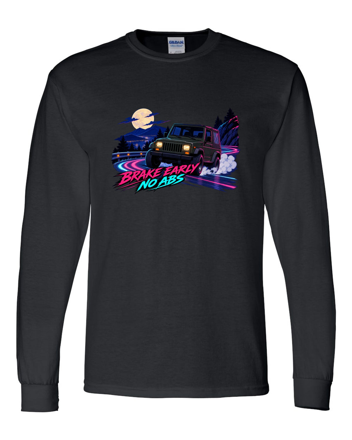 Cel-shaded anime night touge print of a Jeep Wrangler YJ with no ABS text black long sleeve front view with the design
