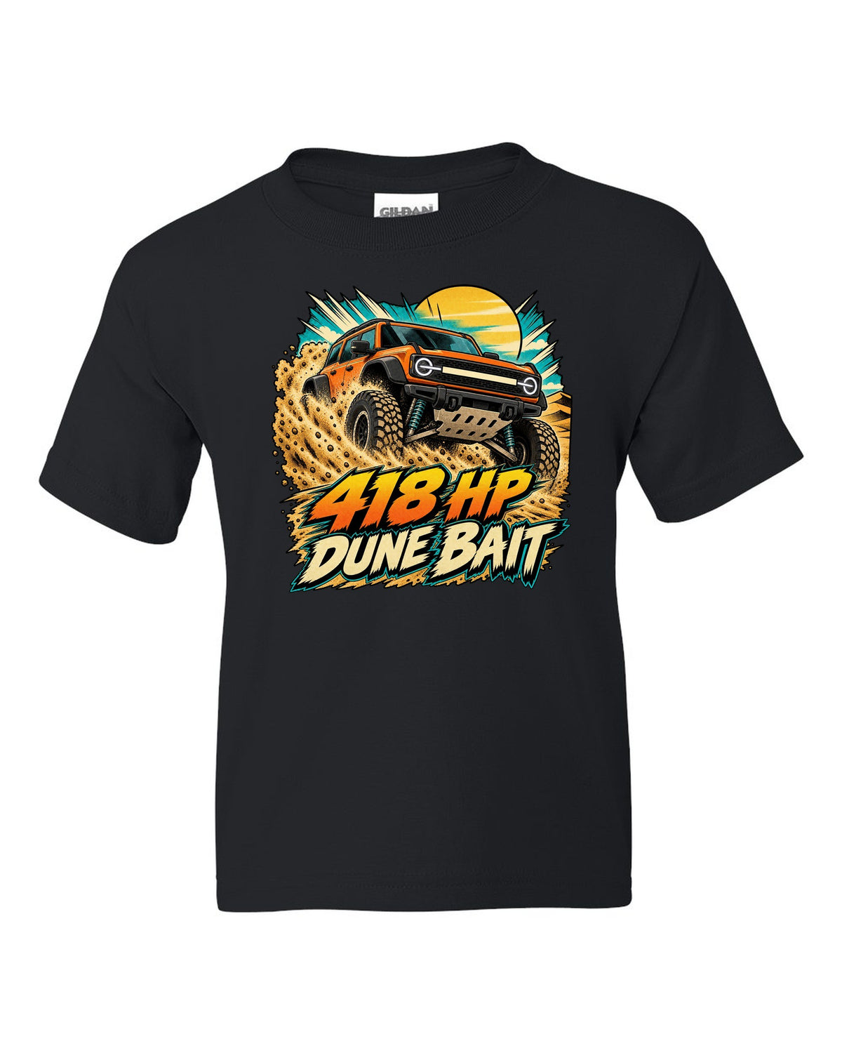 Ford Bronco Raptor U725 in a retro manga halftone dune panel print black kids tee front view with the design
