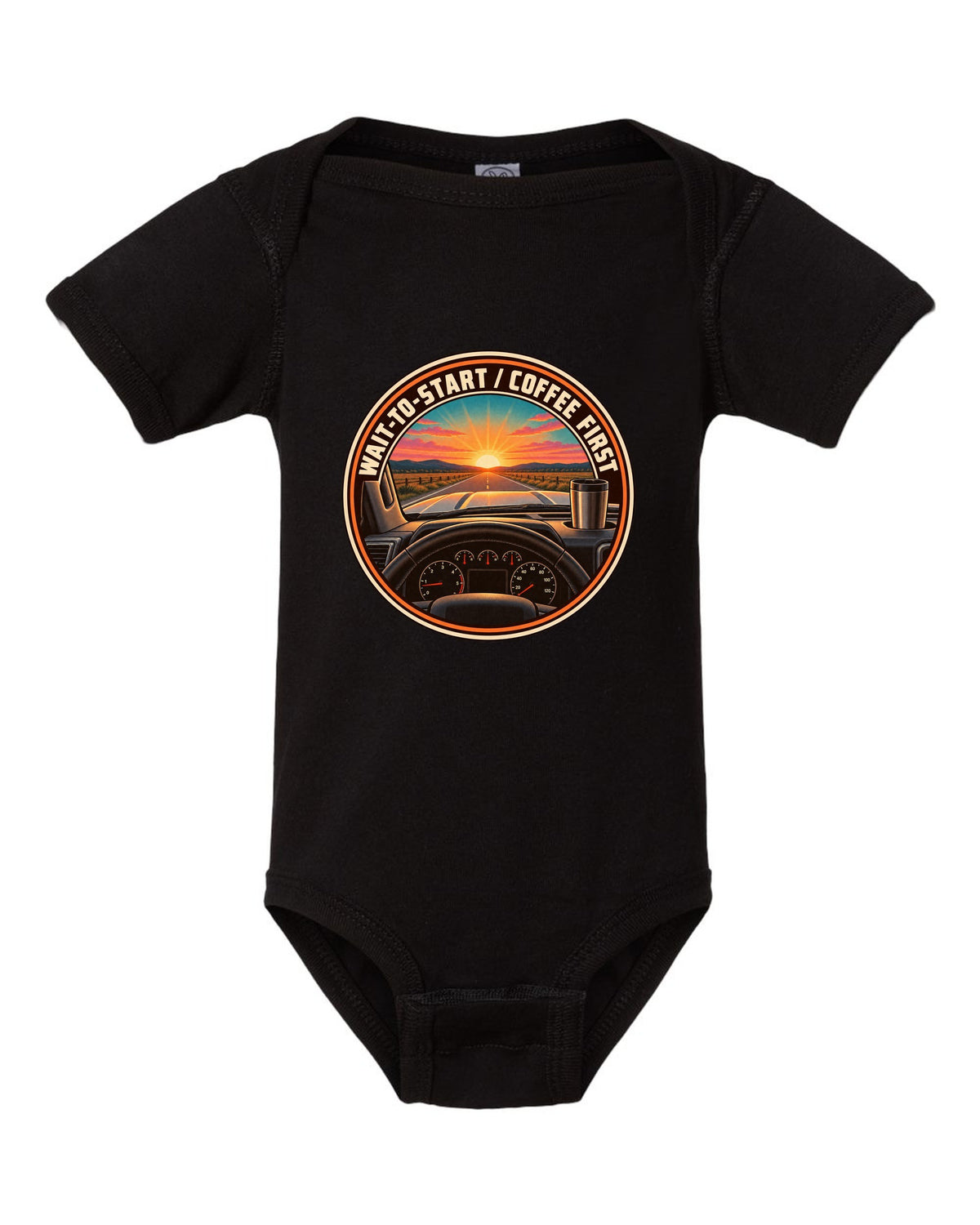 Retro sunset crest print for a 2010-2018 Ram 2500 6.7 Cummins with wait-to-start coffee first text black baby onesie front view with the design