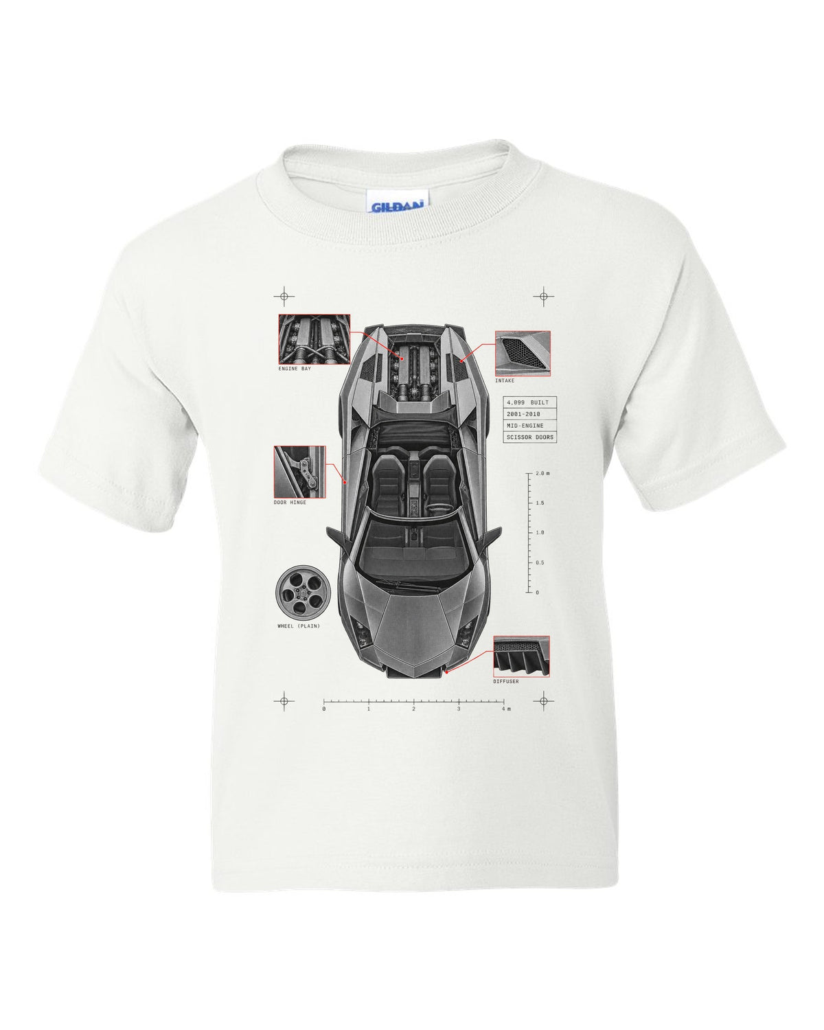 Spec poster print of a Lamborghini Murcielago LP640 Roadster with 4,099 built and scissor doors white kids tee front view with the design