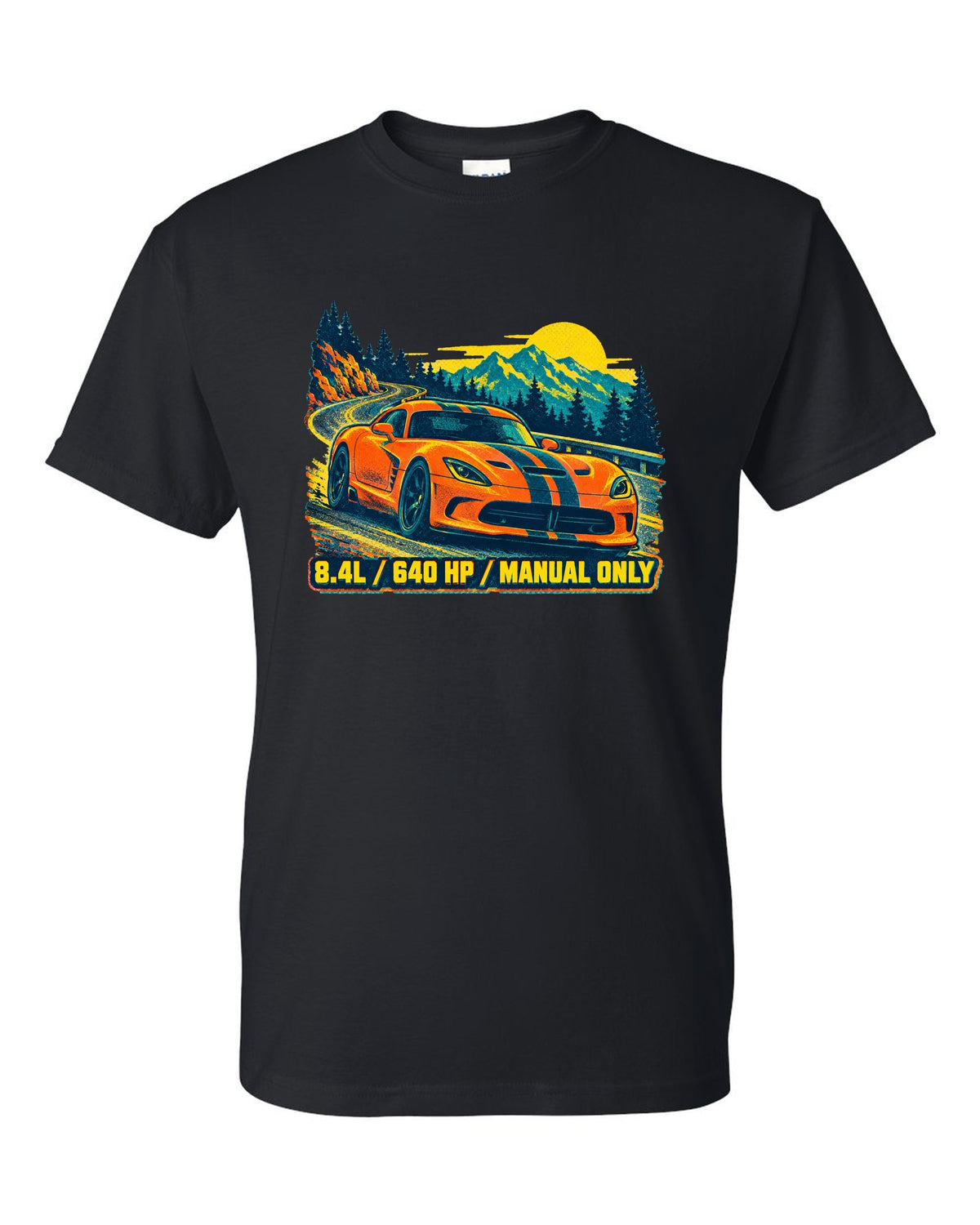 Risograph spot-colour print of a 2013 Dodge Viper VX I with 8.4L text black t-shirt front view with the design
