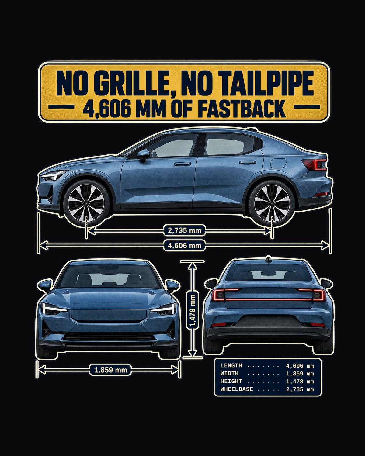 Polestar 2 Three-View Spec Shirt, 2020-2023 Fastback Print design only