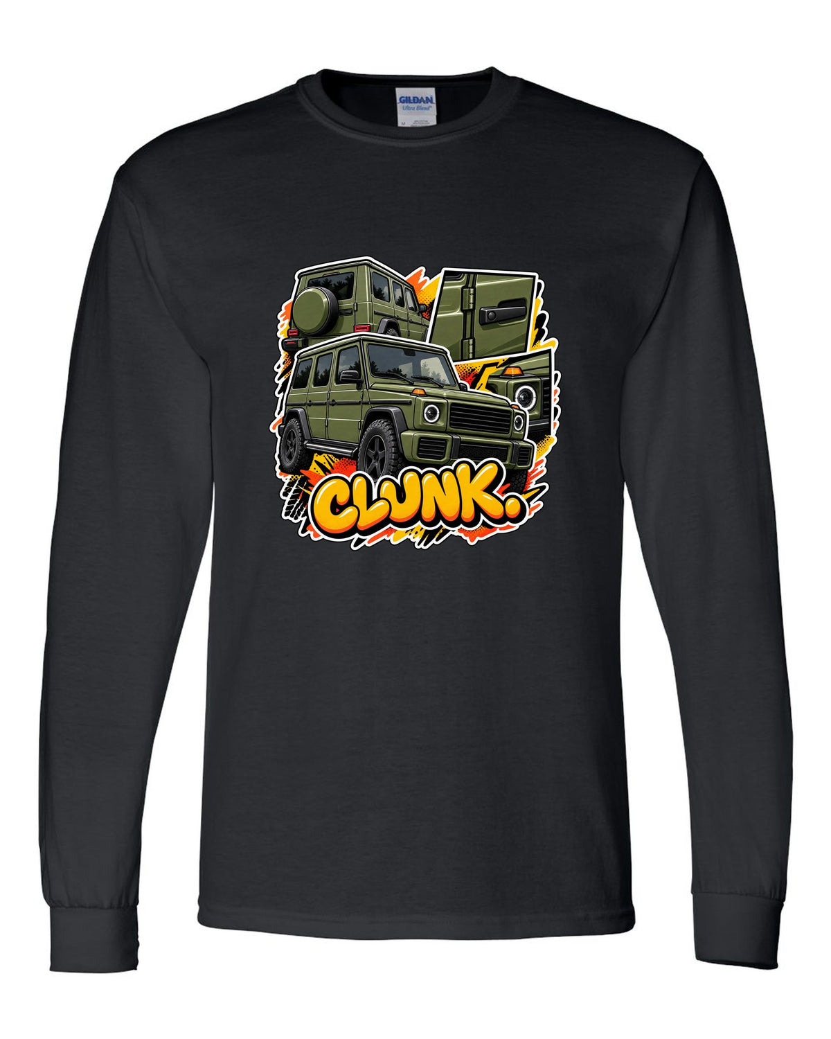 Stencil spray street art graphic of a Mercedes G63 W464 with round headlights, print black long sleeve front view with the design