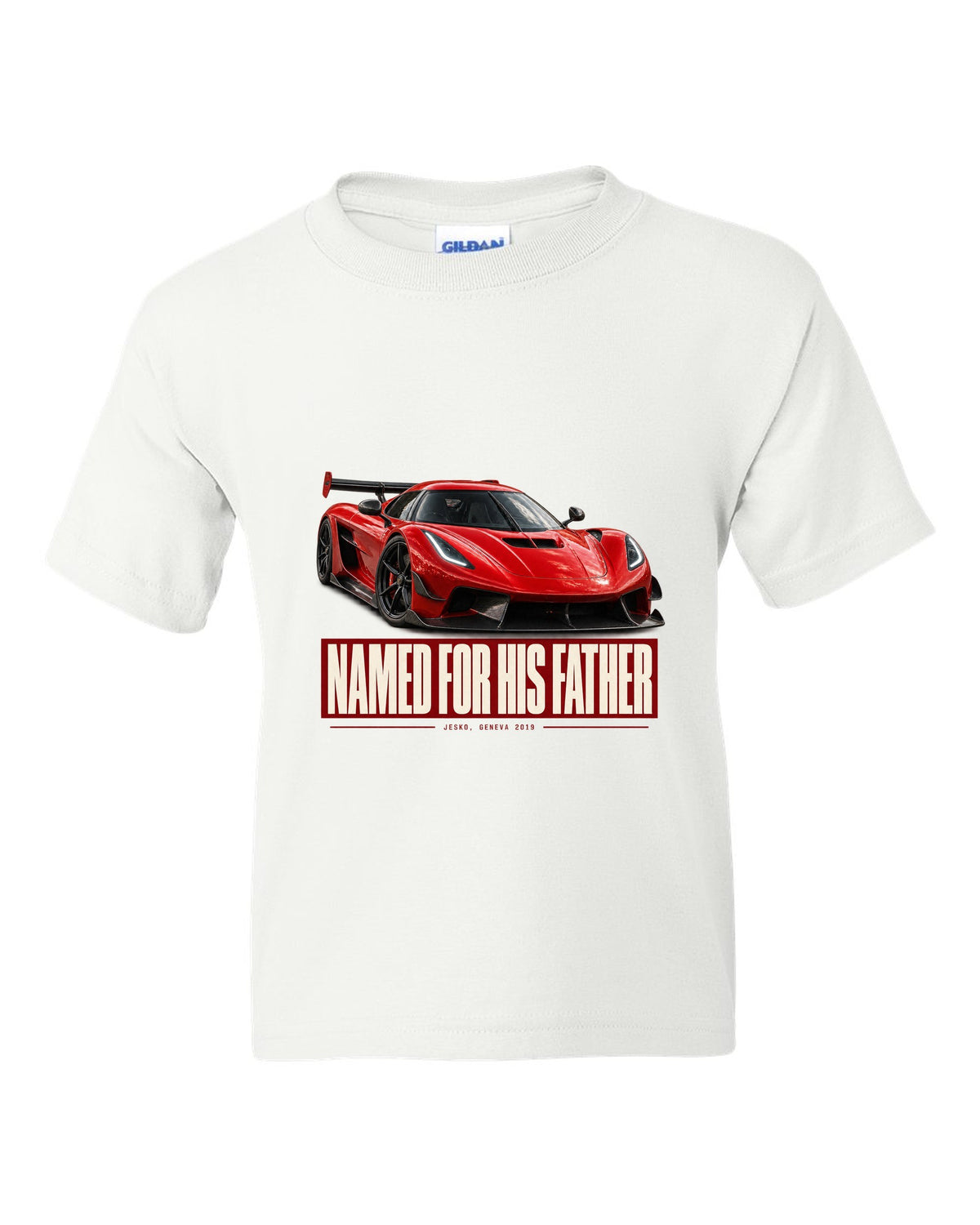 Editorial headline poster of a Koenigsegg Jesko Attack front three-quarter, print white kids tee front view with the design