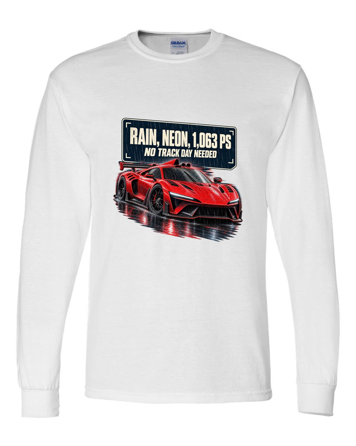 Mercedes-AMG One hypercar on a rainy neon night street white long sleeve front view with the design