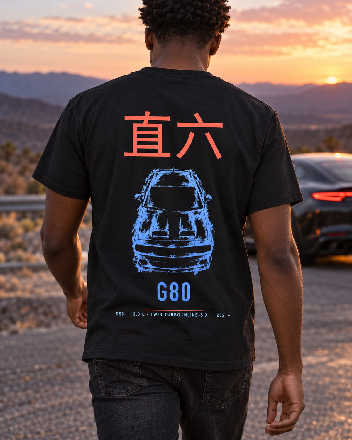 G80 S58 Full-Back Graphic Tee T-Shirt Black worn hero