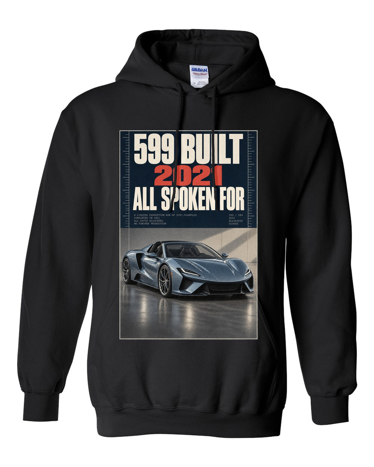 Halftone print of the Ferrari Daytona SP3 on a tee black pull over hoodie front view with the design