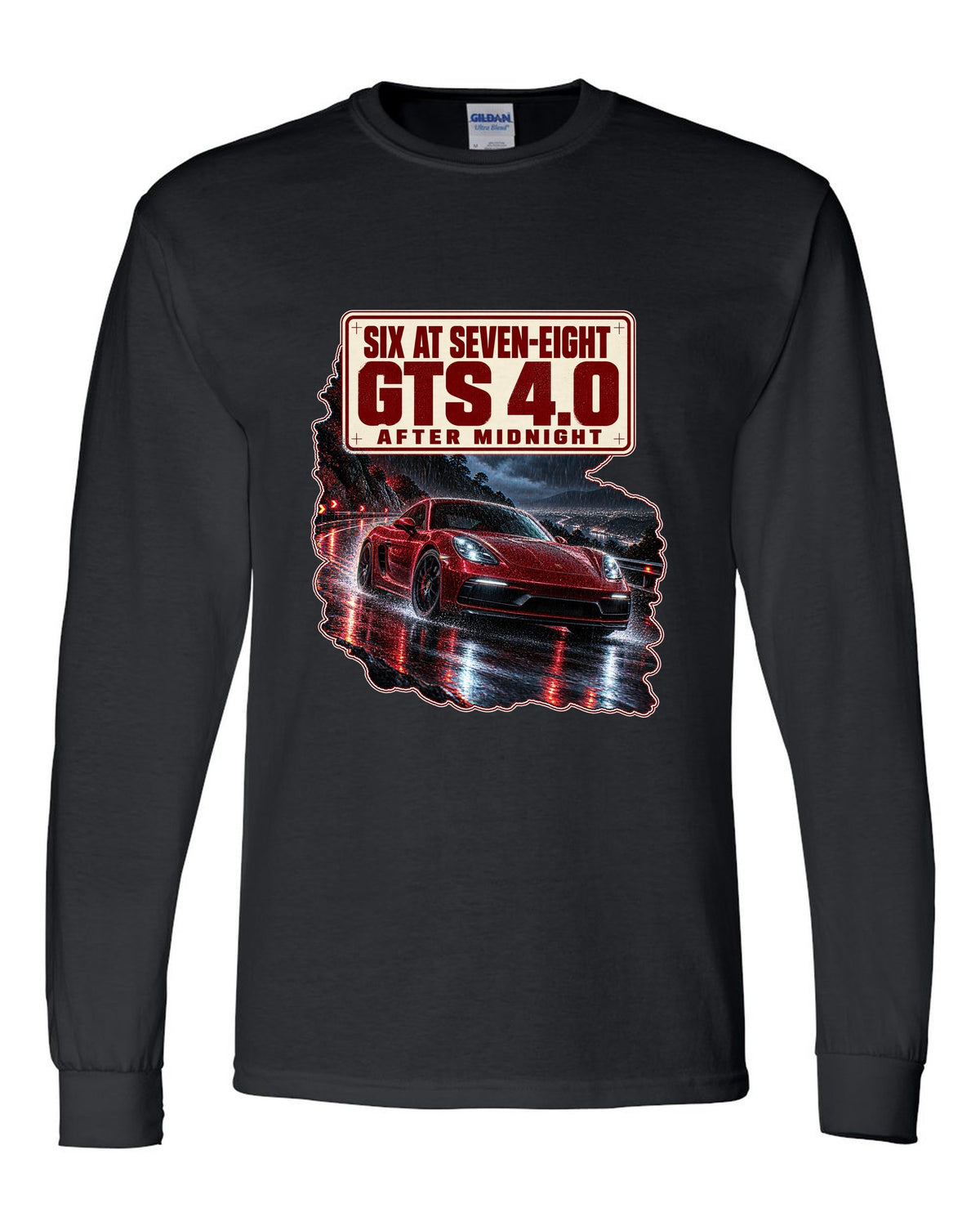 Night street print of a Porsche 718 Cayman GTS 4.0 982 with six at seven-eight text black long sleeve front view with the design