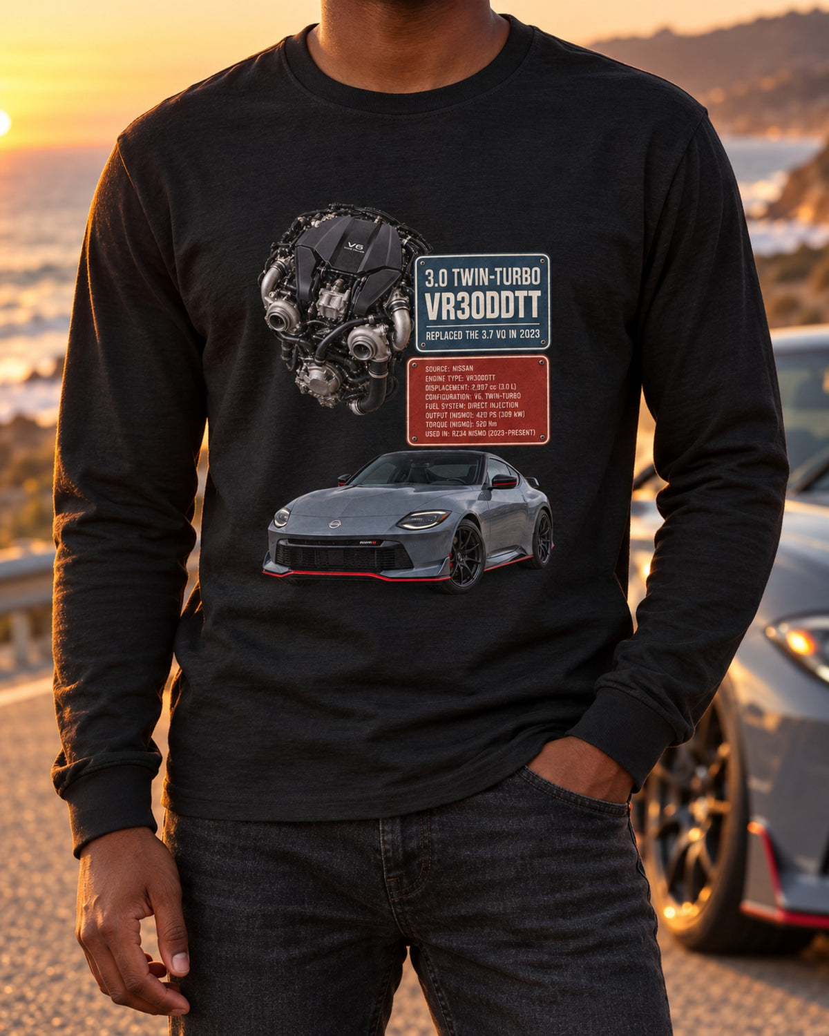 Nissan Z RZ34 Manual Three-View Shirt, Six-Speed Tee Long Sleeve Black worn hero