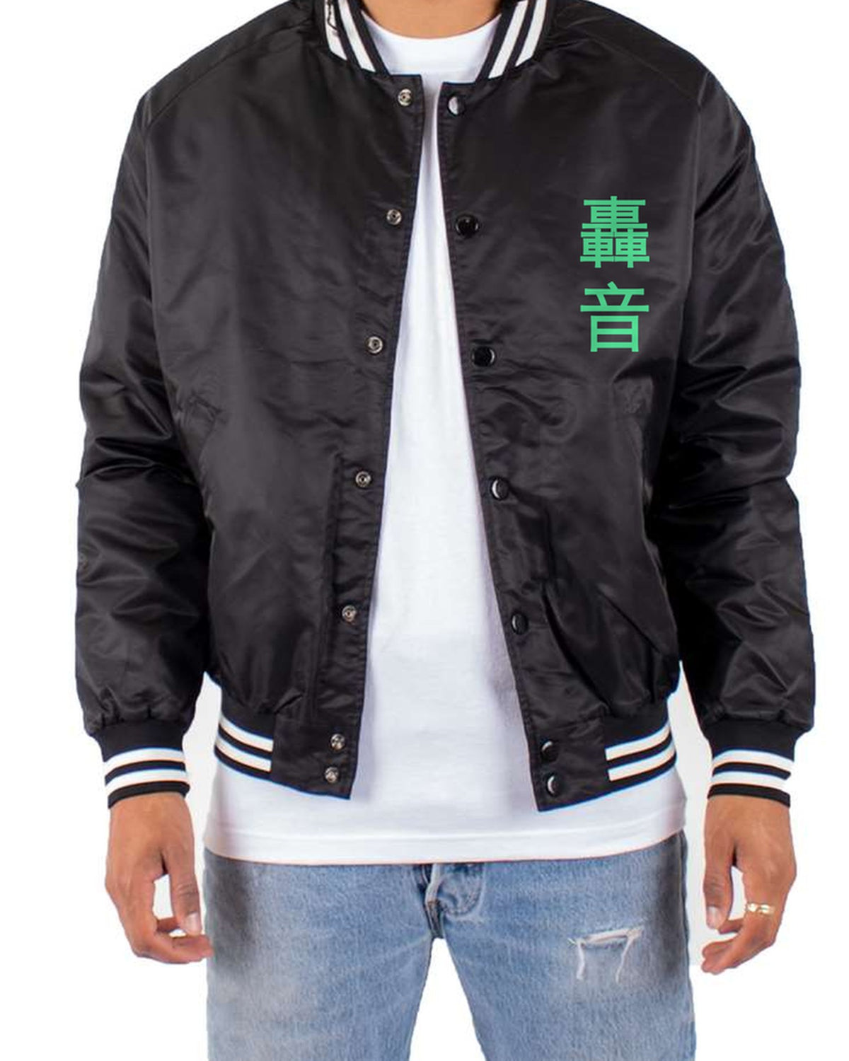 black bomber jacket front view with small kanji mark