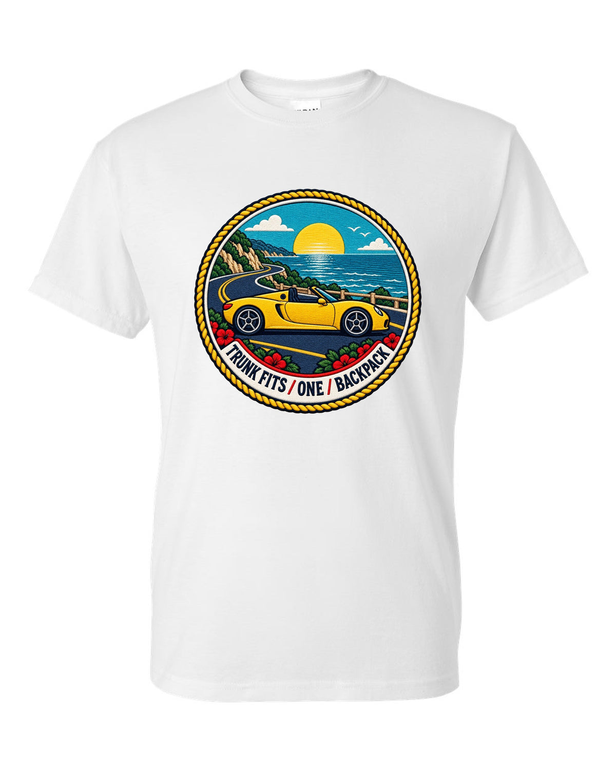 Varsity crest design for the Toyota MR2 W30 MR-S open roadster white t-shirt front view with the design