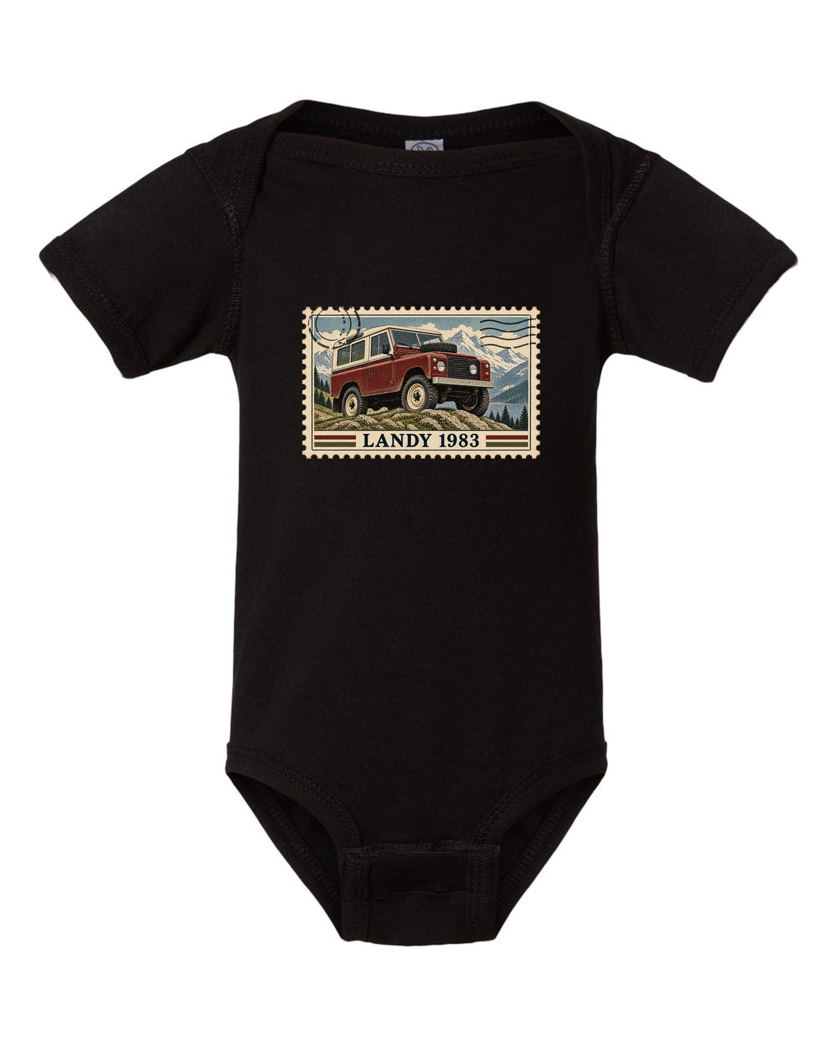 Vintage postage stamp print with perforated edge showing a Land Rover Defender 110, Landy 1983 black baby onesie front view with the design