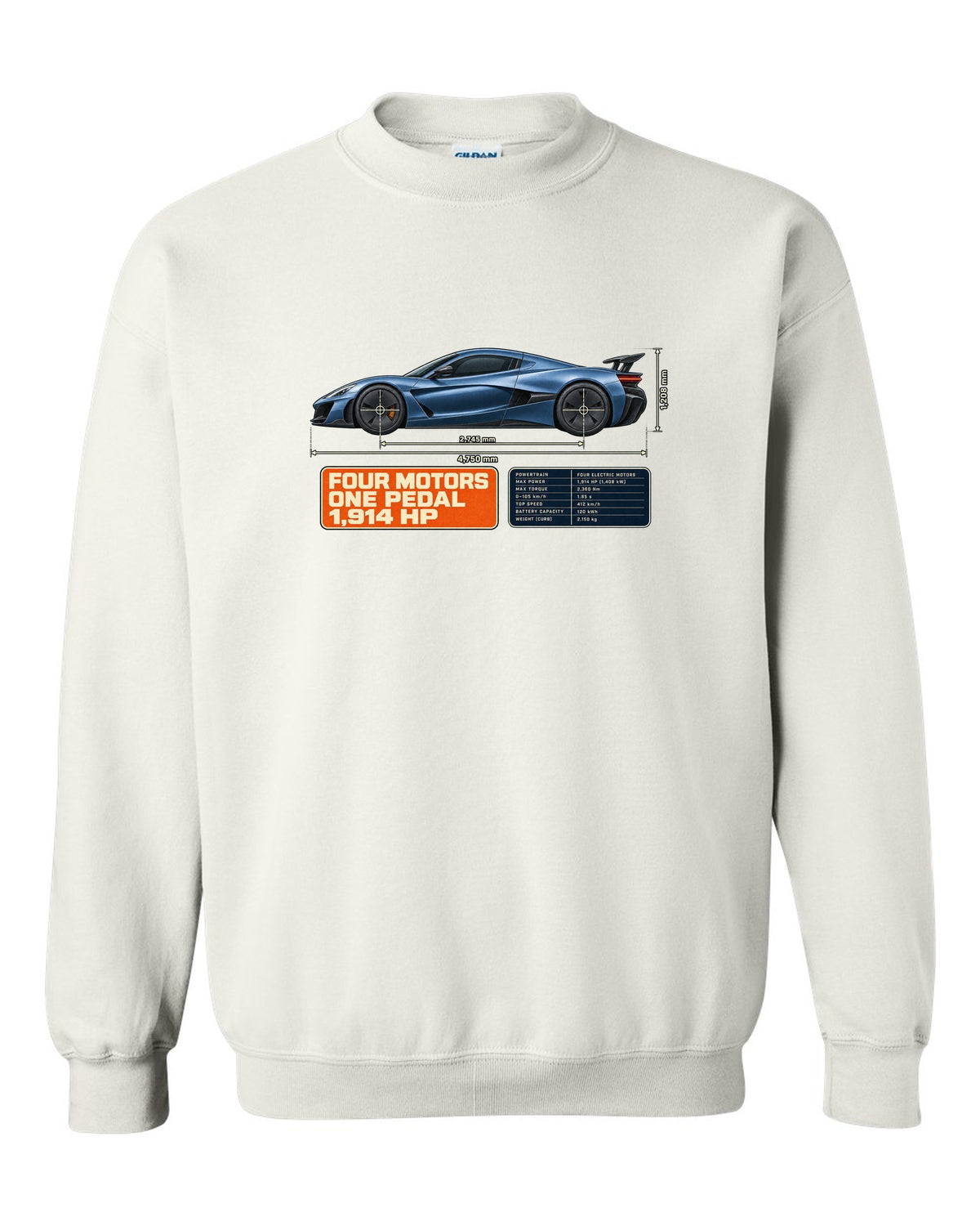 Rimac Nevera 2021 dimension blueprint print with four motors one pedal 1,914 hp text white crewneck front view with the design