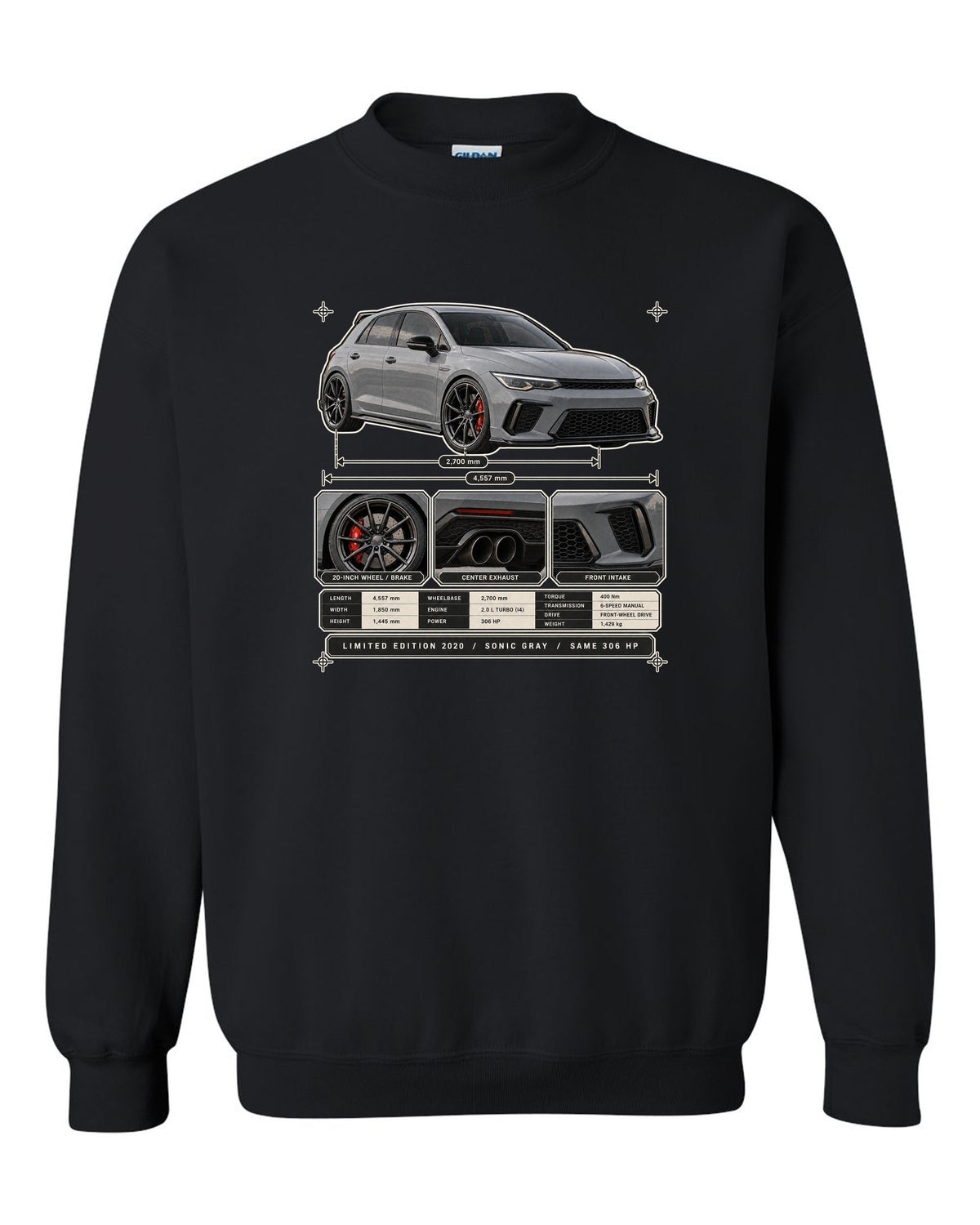 Dossier panel print of a Sonic Gray Pearl Honda Civic Type R FK8 Limited Edition black crewneck front view with the design