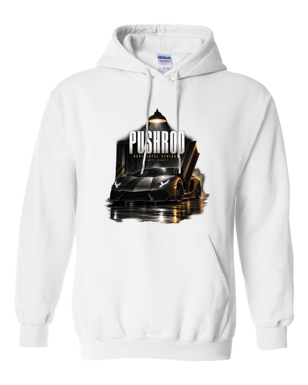 Garage night print of a Lamborghini Aventador S LP740-4 with Pushrod and Horizontal Springs text white pull over hoodie front view with the design