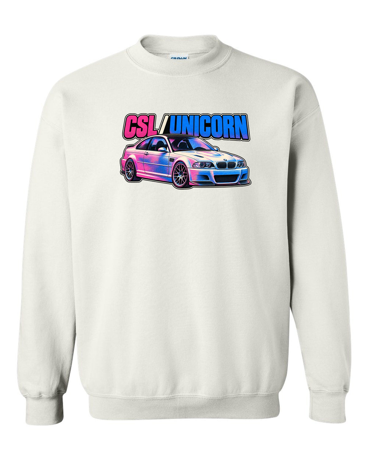 Risograph spot colour print of a BMW E46 M3 CSL with CSL Unicorn text white crewneck front view with the design