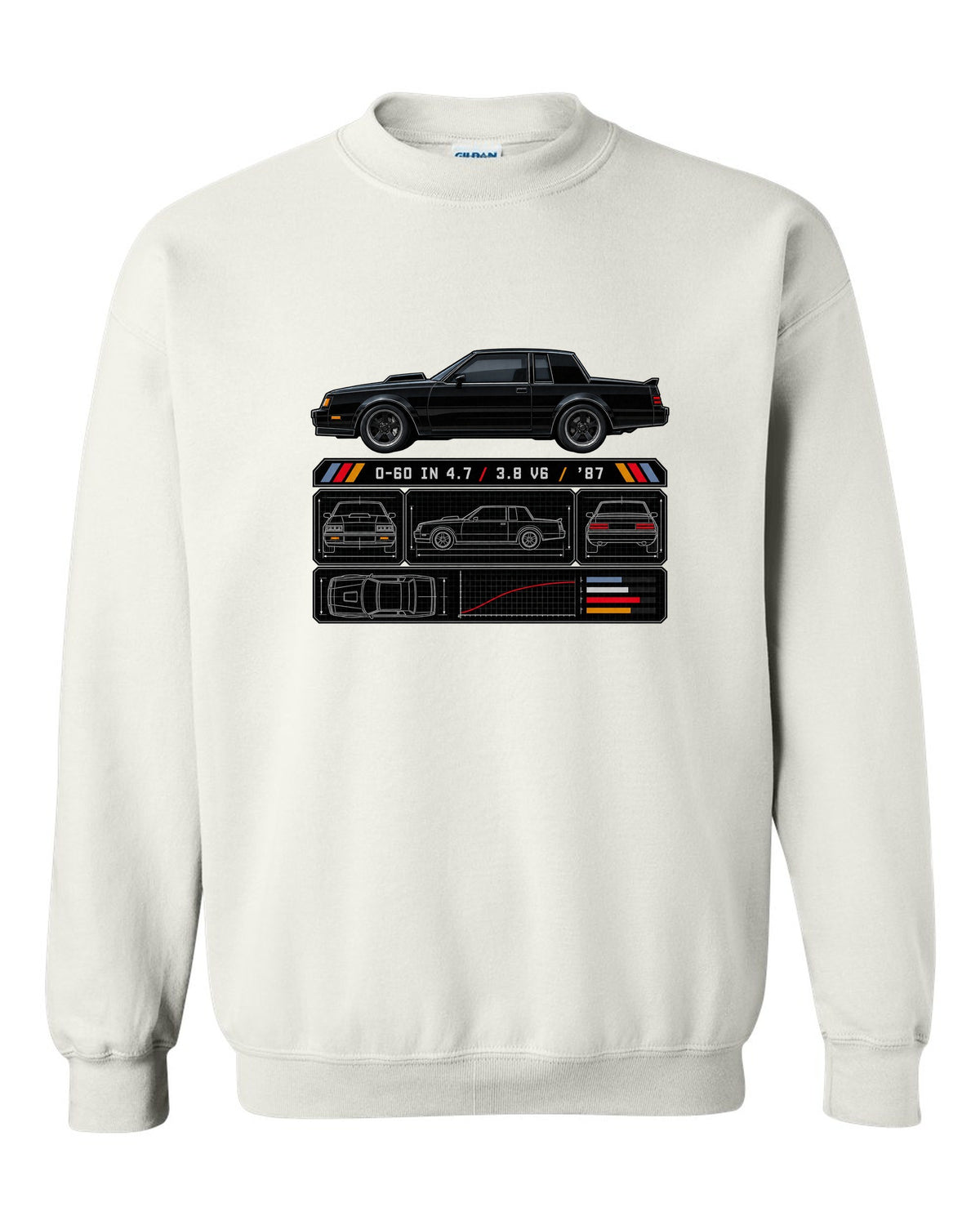Spec-sheet print for a 1987 Buick Grand National with the text 0-60 in 4.7, 3.8 V6, '87 white crewneck front view with the design