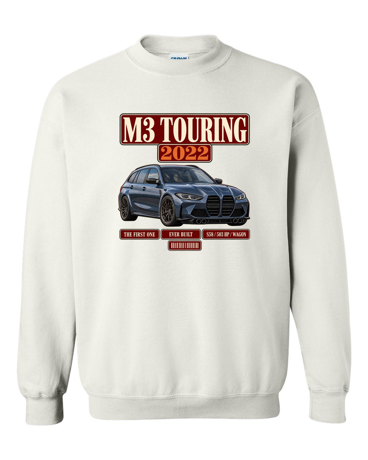 BMW M3 Touring G81 archive panel print with first ever built text white crewneck front view with the design