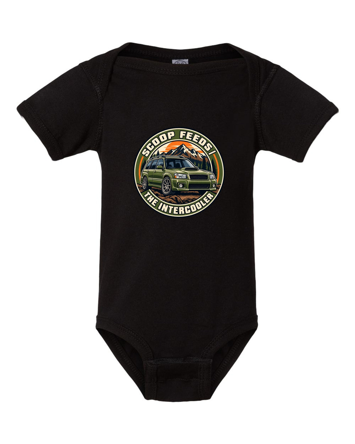 Round embroidered-style crest for a Subaru Forester SG9 about the hood scoop feeding the intercooler black baby onesie front view with the design
