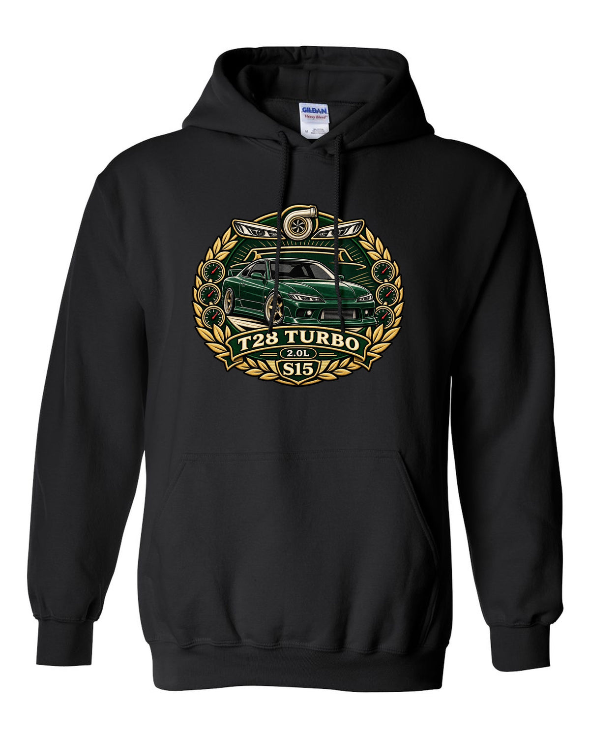Round crest print for the Nissan Silvia S15 with turbo 2.0L engine lettering black pull over hoodie front view with the design