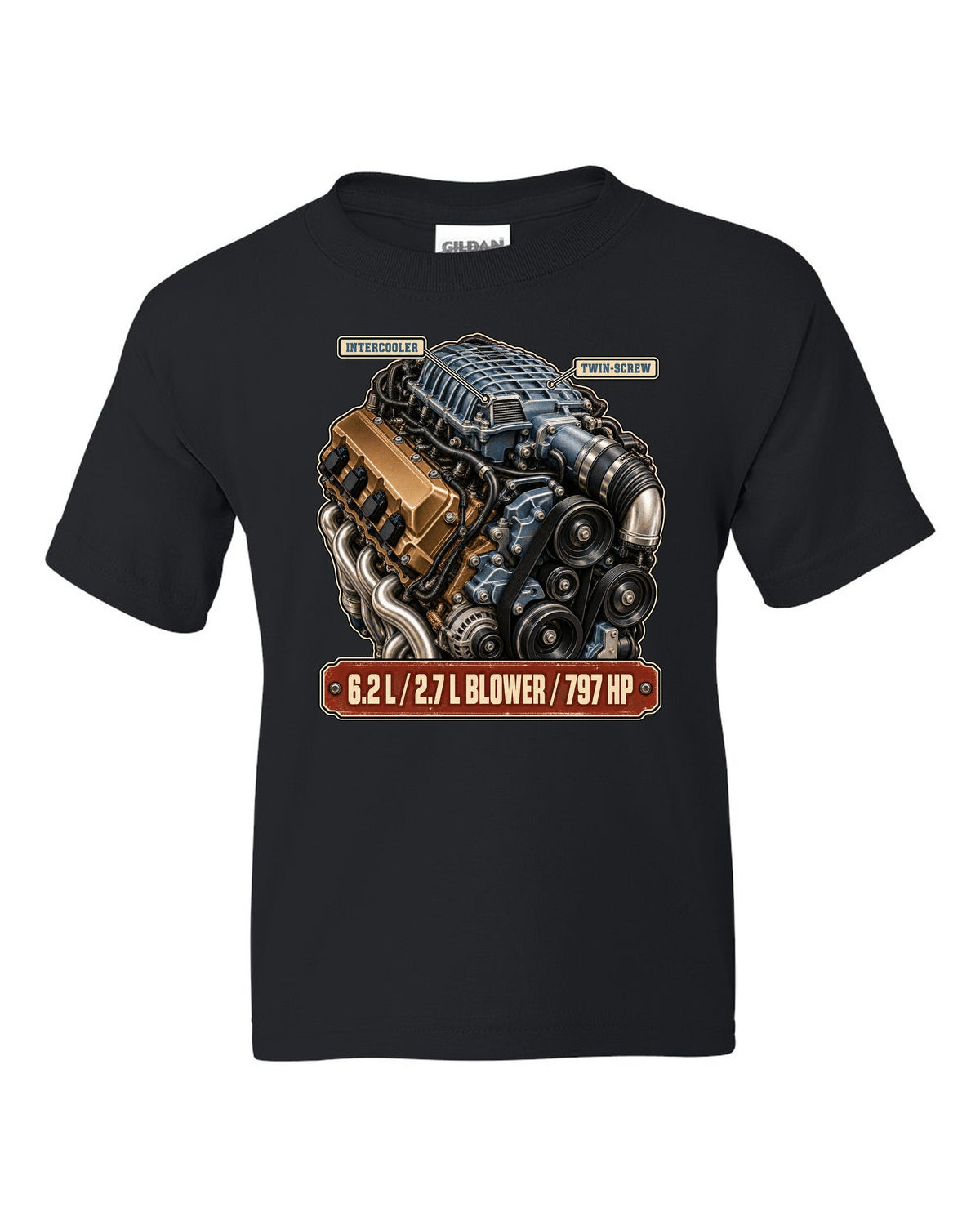 print of the supercharged 6.2L V8 from a Dodge Charger SRT Hellcat Redeye black kids tee front view with the design