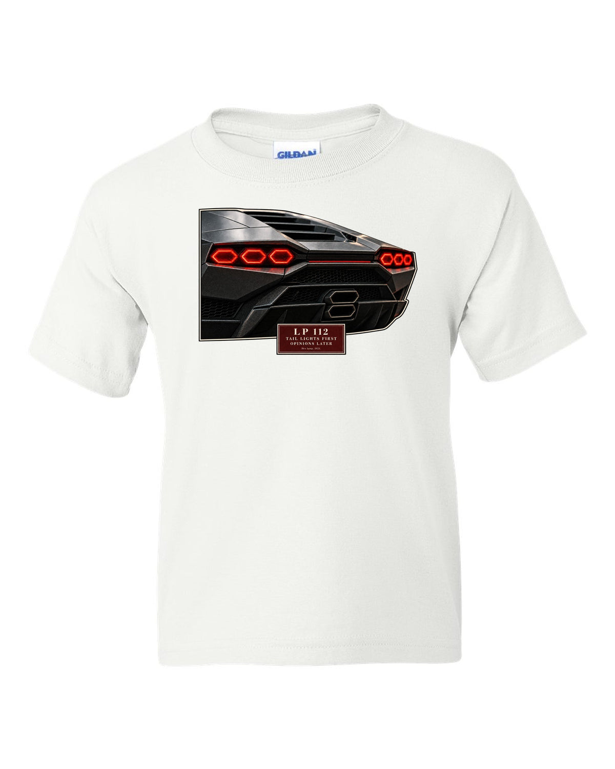Lamborghini Countach LPI 800-4 taillight macro print with LP 112 lettering white kids tee front view with the design
