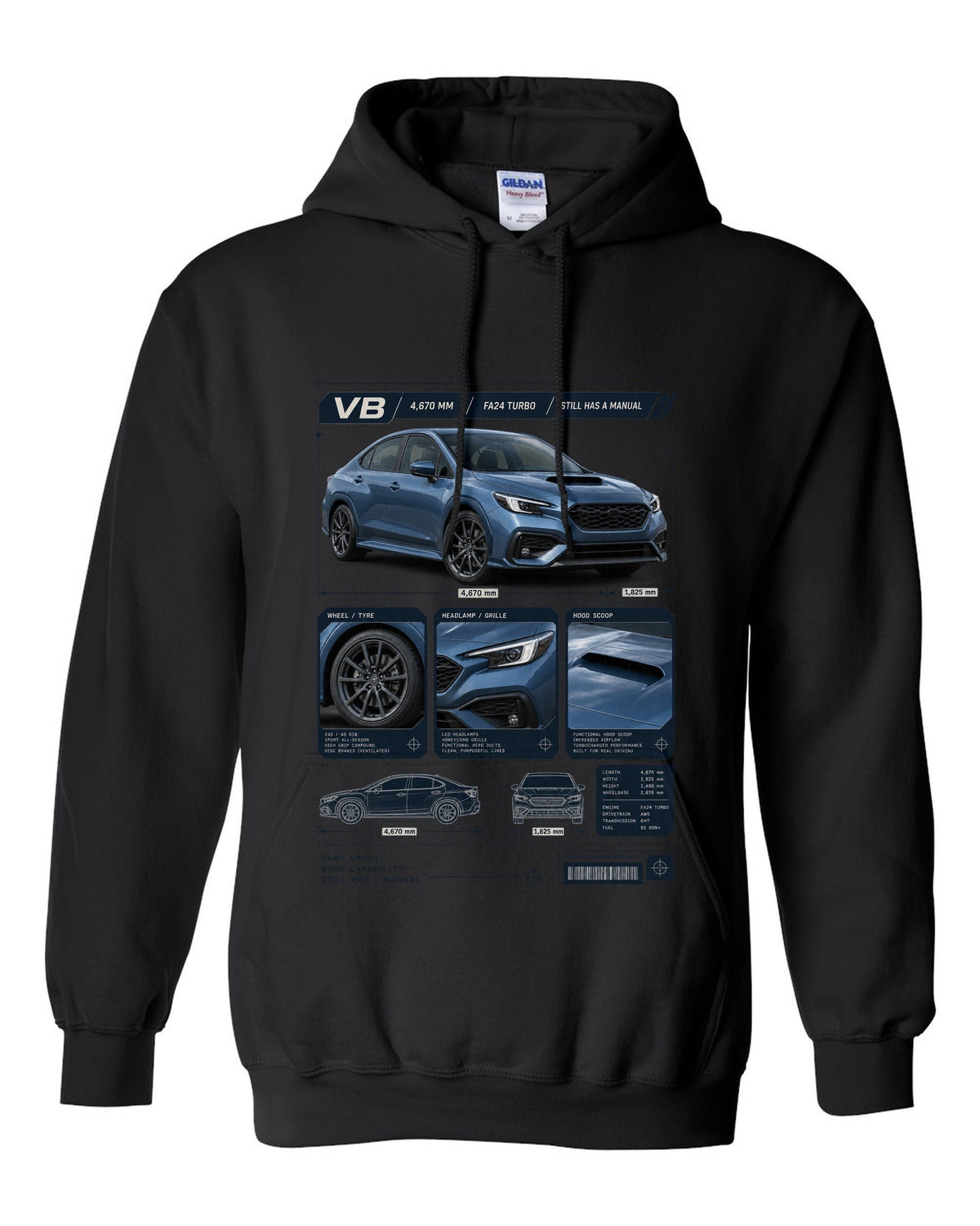 Dossier-style panel layout of a Subaru WRX VB sedan with GT and TR detail panels black pull over hoodie front view with the design