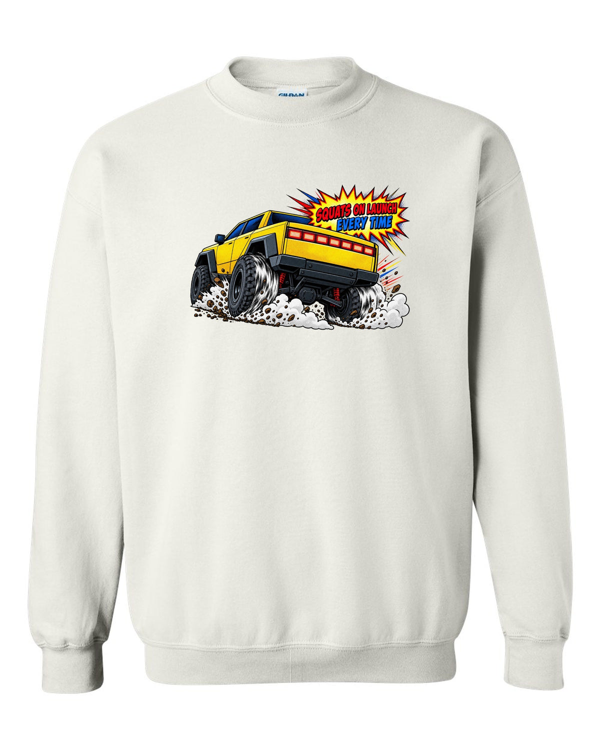 GMC Hummer EV comic halftone print with the words Squats On Launch Every Time white crewneck front view with the design