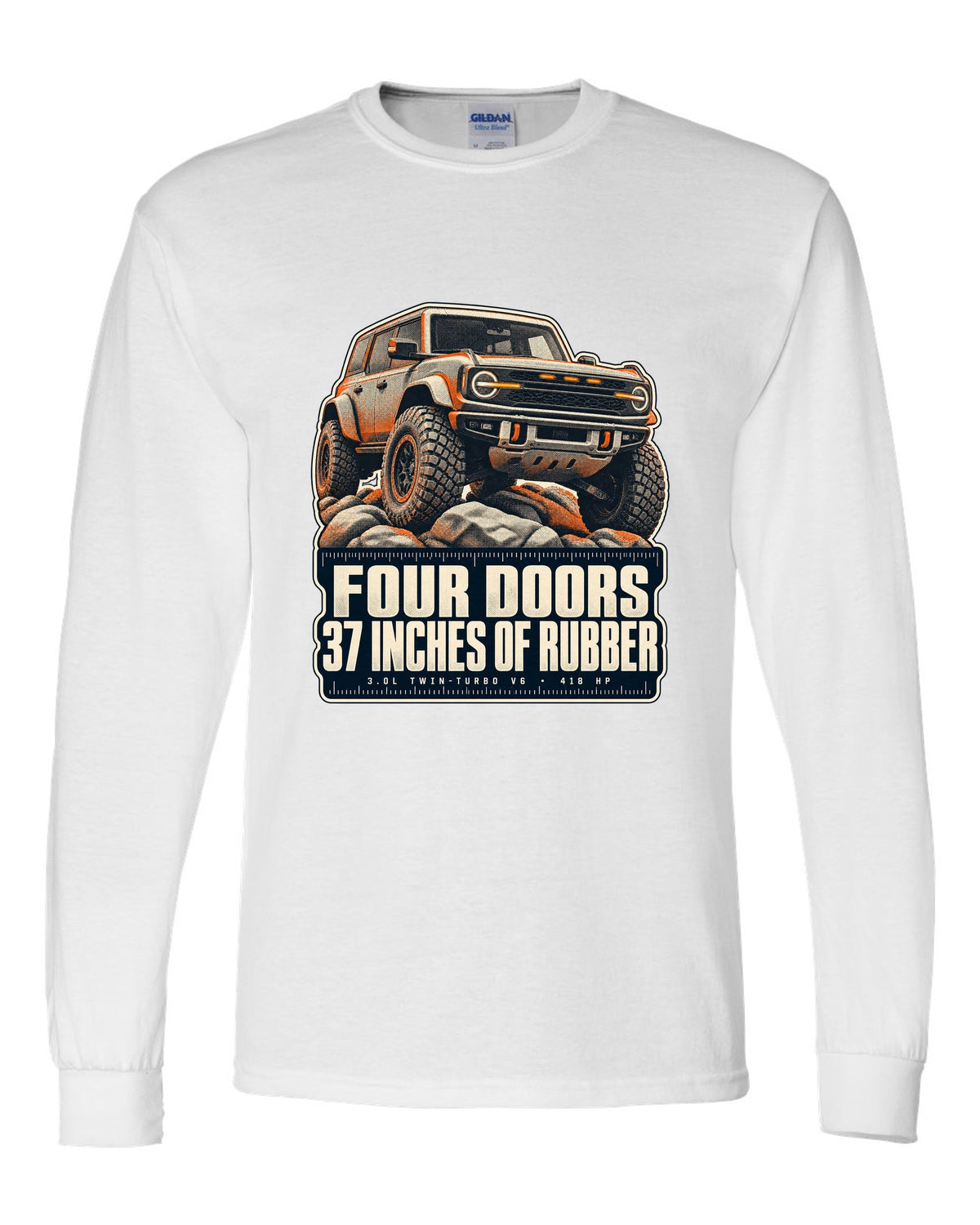 Ford Bronco Raptor halftone print with four doors 37 inches text white long sleeve front view with the design