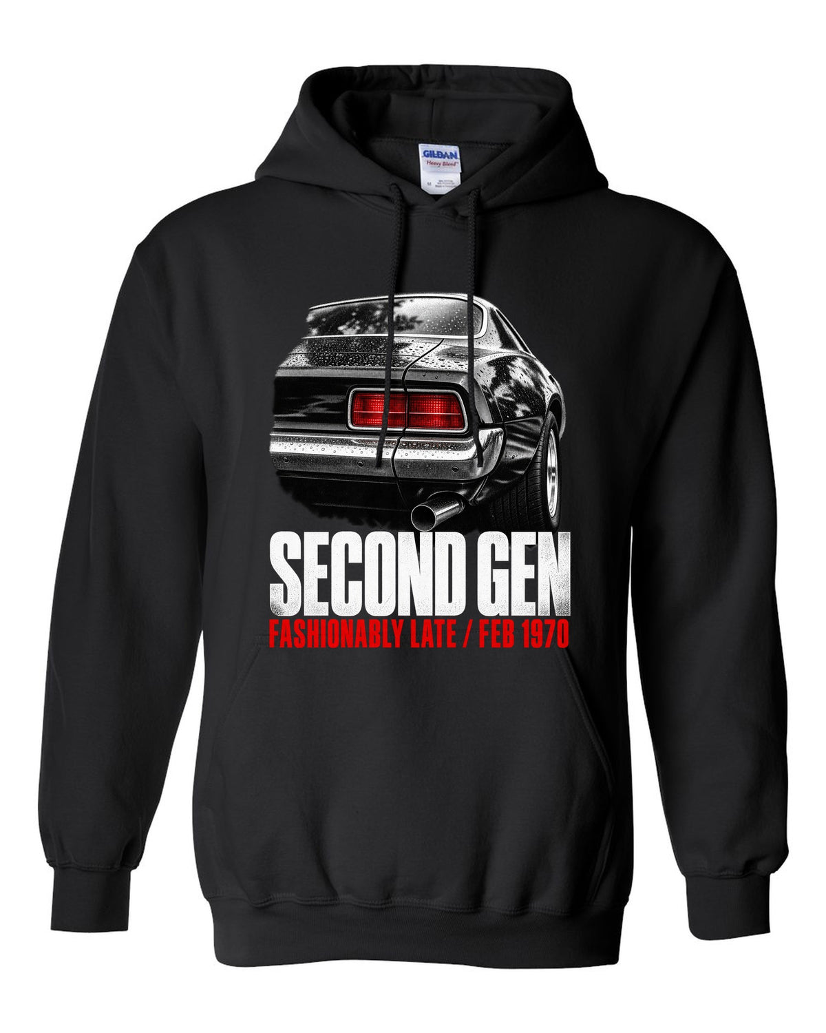 Taillight macro print of a 1970 second-gen Chevrolet Camaro split bumper with Feb 1970 caption black pull over hoodie front view with the design