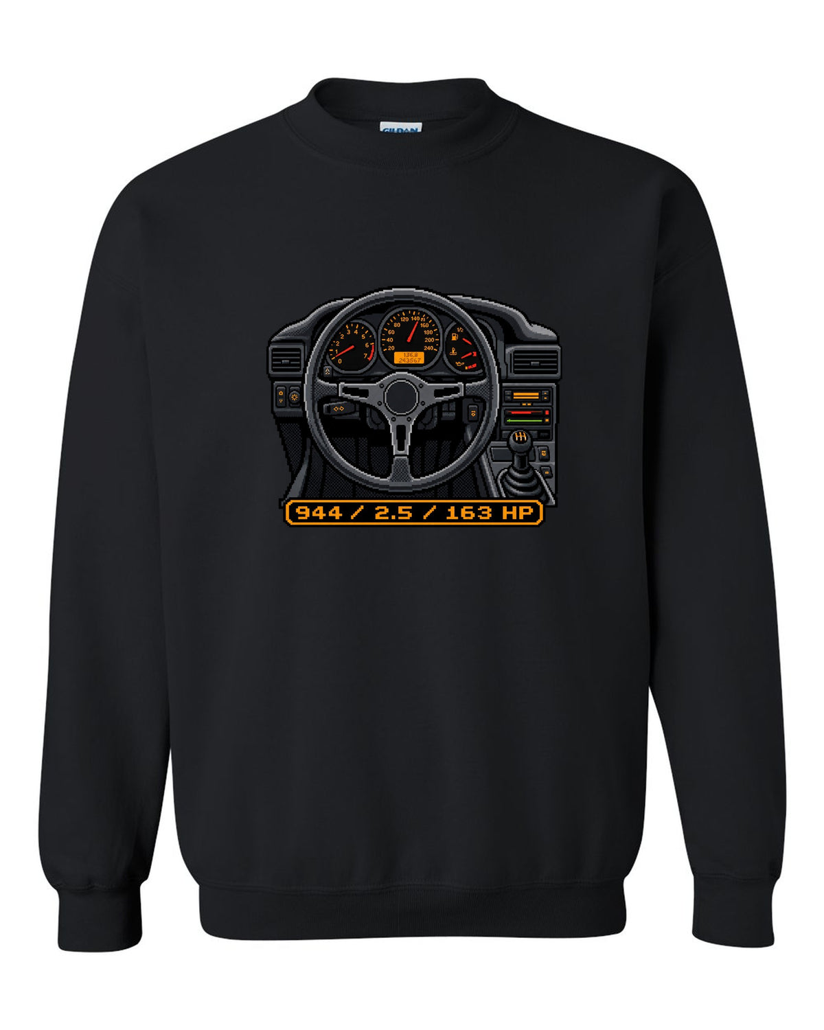 Dot-matrix pixel art of a Porsche 944 styled like a digital dash display black crewneck front view with the design