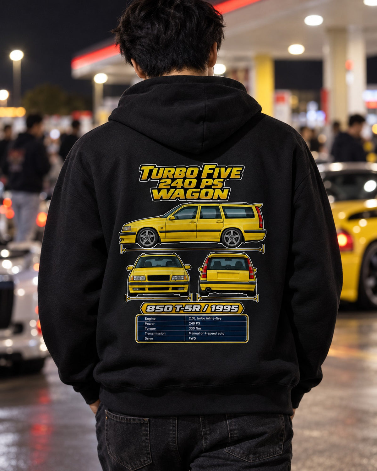 Volvo 850 T5 R Spec Sheet Full-Back Graphic Tee Pull Over Hoodie Black worn hero