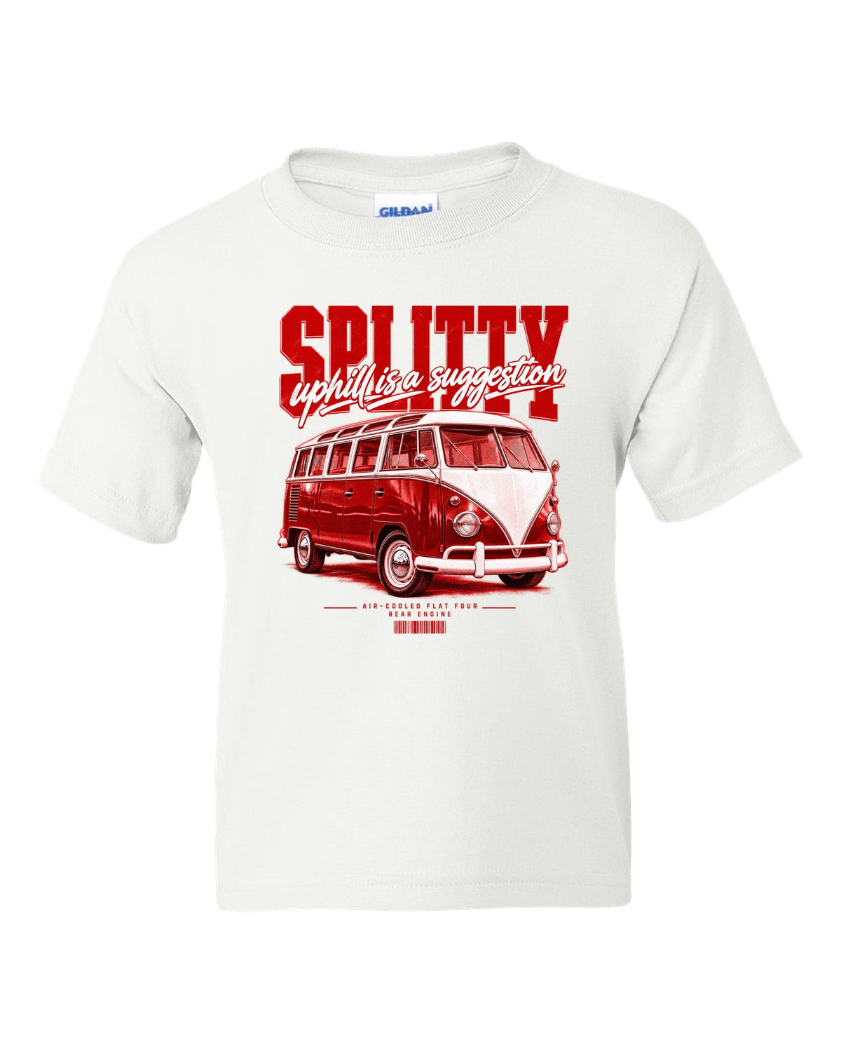 Street poster print of a 1963 VW T1 split-window bus with air-cooled flat-four text white kids tee front view with the design
