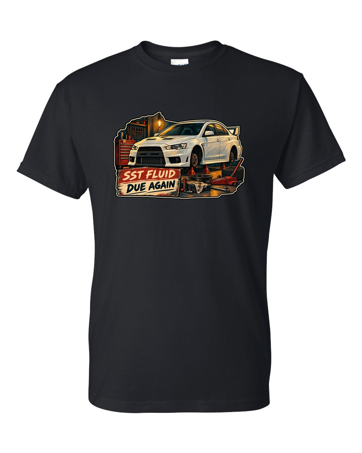 Gouache garage illustration print of the Mitsubishi Evo X CZ4A with SST fluid due again text black t-shirt front view with the design