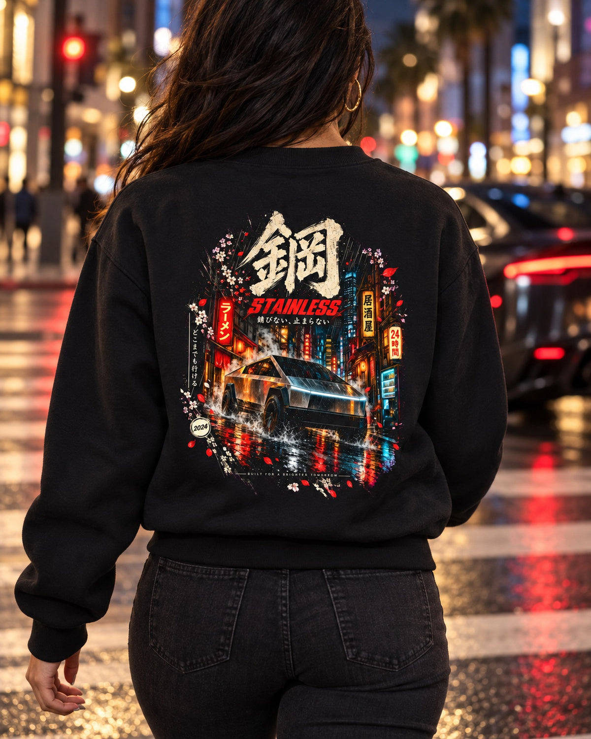Tesla Cybertruck Stainless Shirt, Hoodie & More Crewneck Black worn hero