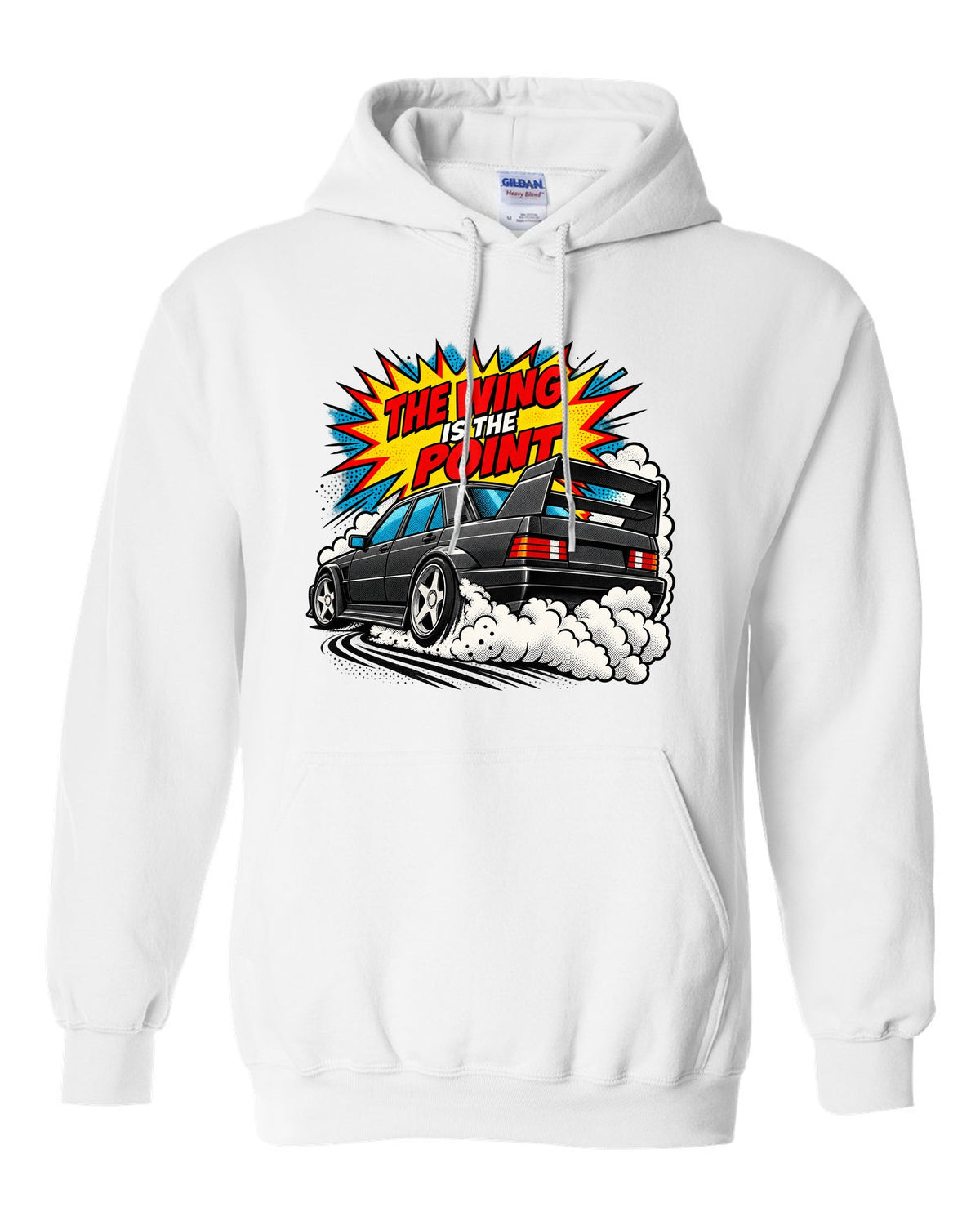 Comic halftone pop-art print of a Mercedes 190E Evo II W201 with rear wing white pull over hoodie front view with the design