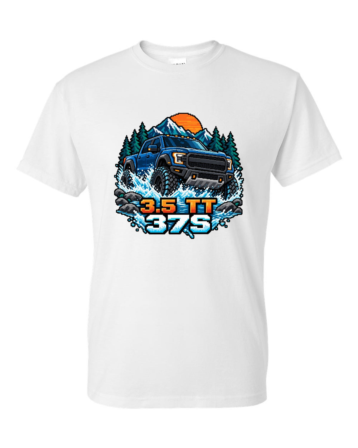 8/16-bit pixel art print of a Ford F-150 Raptor Gen 3 P702 crossing a river white t-shirt front view with the design