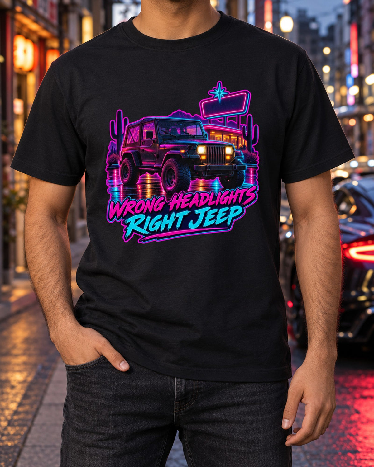 Jeep Wrangler YJ Square Headlights Synthwave Diner Shirt T-Shirt Black worn hero