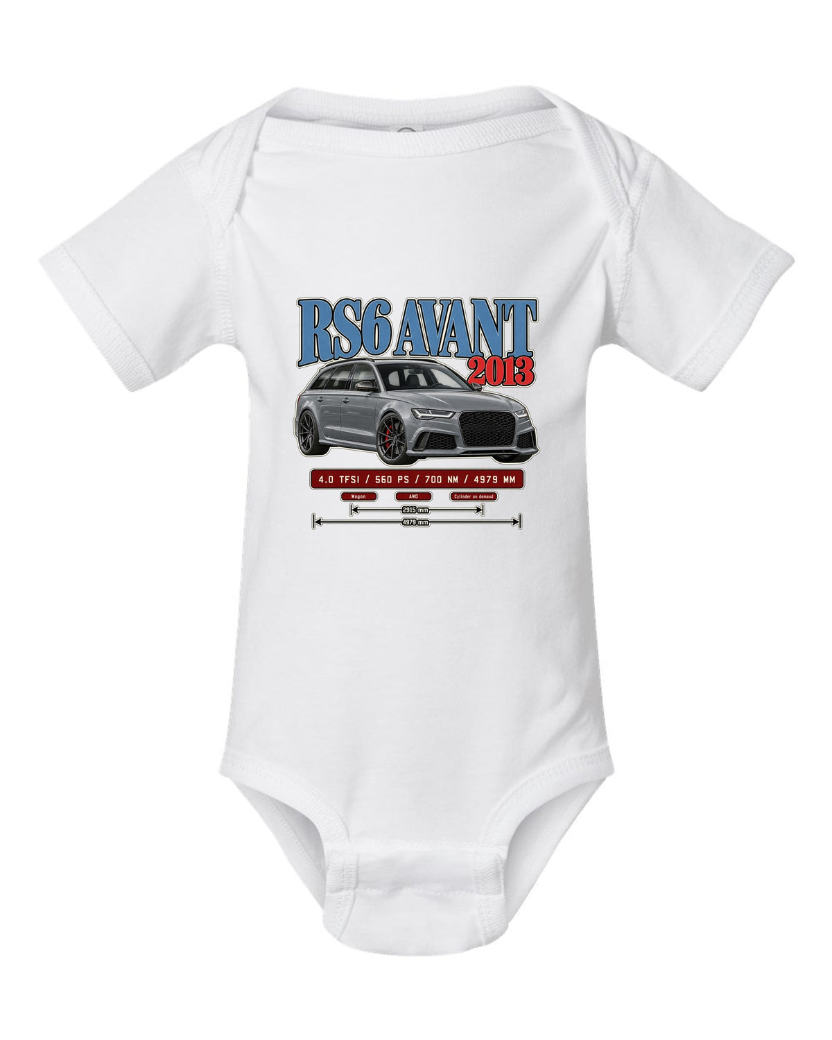 Audi RS6 Avant C7 2013 archive panel print white baby onesie front view with the design